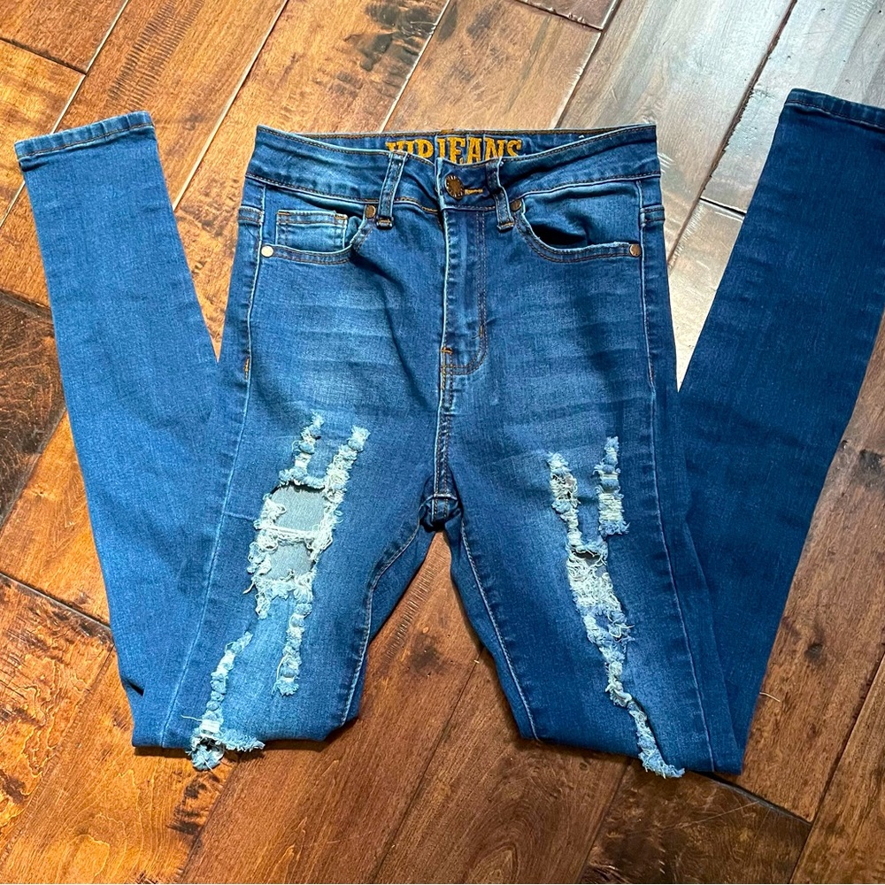 V.I.P Jeans Distressed straight leg with holes. Stretchy, size 3/4 teen/women.
